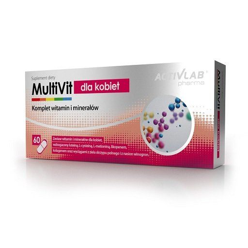 Verpackung von Nahrungsergänzungsmitteln. Aufschrift: MultiVit für Frauen. Enthält 60 Tabletten. Marke Activlab Pharma.