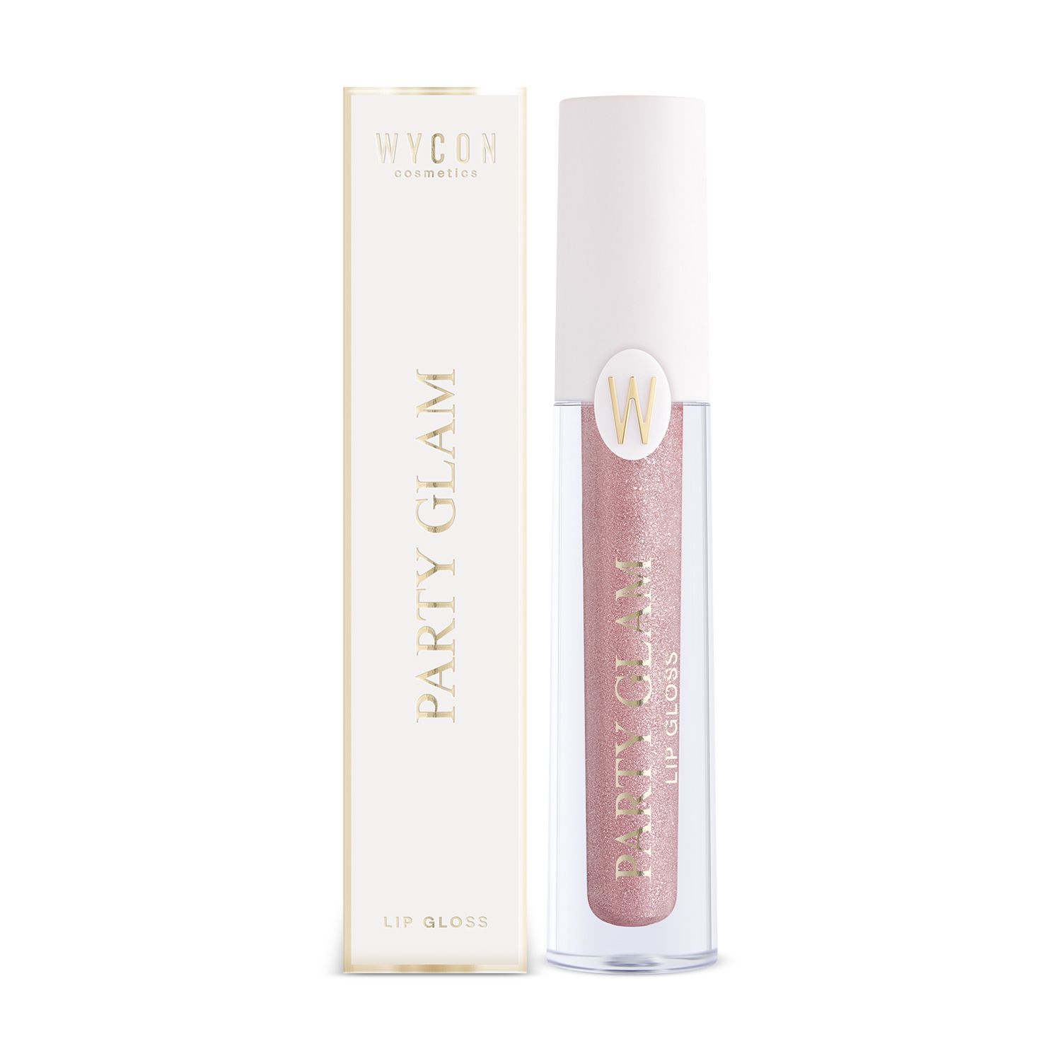 Lucidalabbra con confezione. Sulla confezione è scritto "WYCON cosmetics PARTY GLAM LIP GLOSS". Il lucidalabbra è rosa.