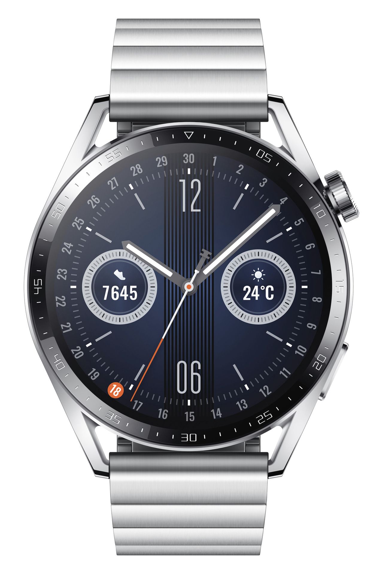 Draufsicht auf eine silberne Smartwatch mit Metallarmband. Zifferblatt mit Uhrzeit und Datenanzeige.