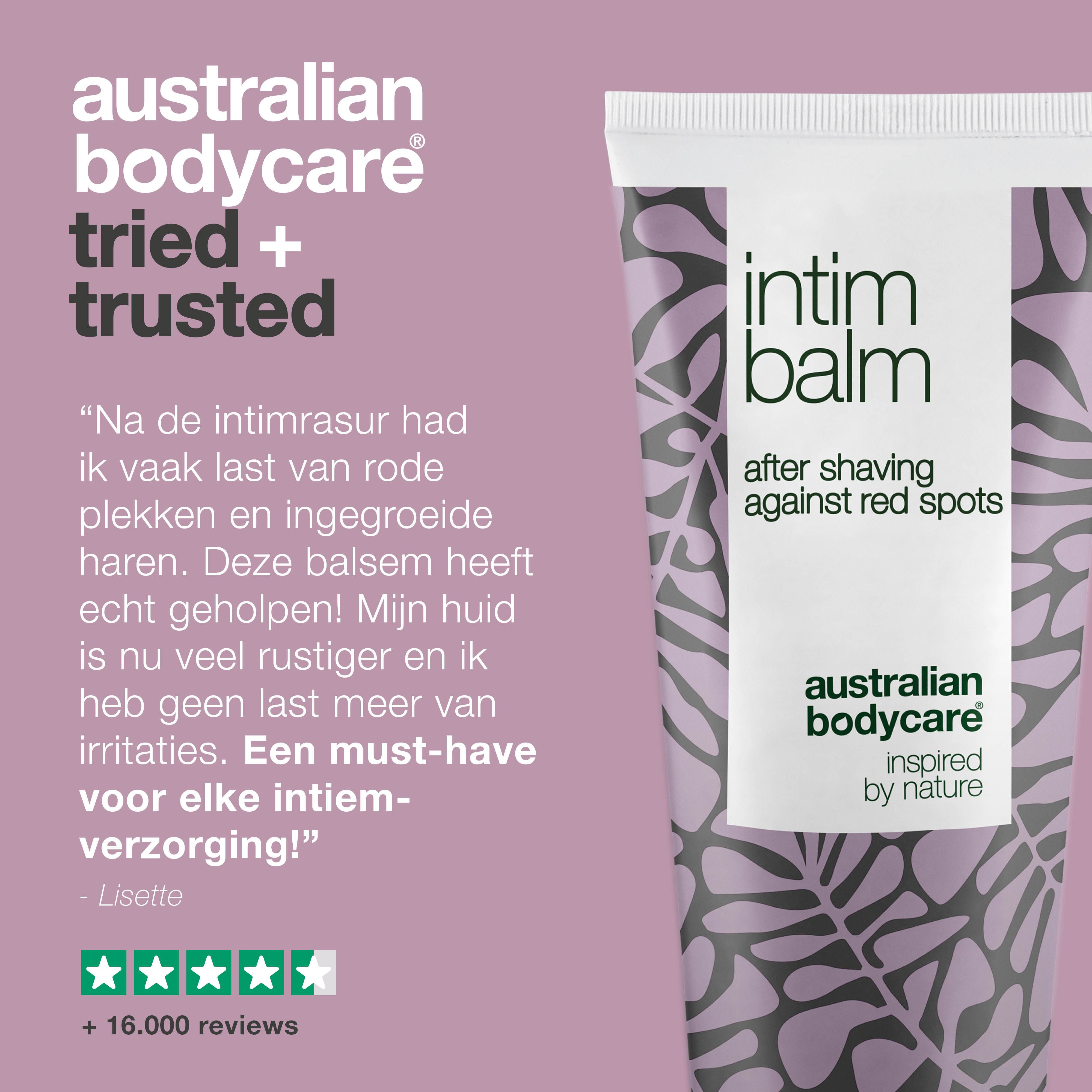 Productpresentatie: Tube intieme scheerbalsem. Merk: Australian Bodycare. Tekst: Waarom Australian Bodycare?