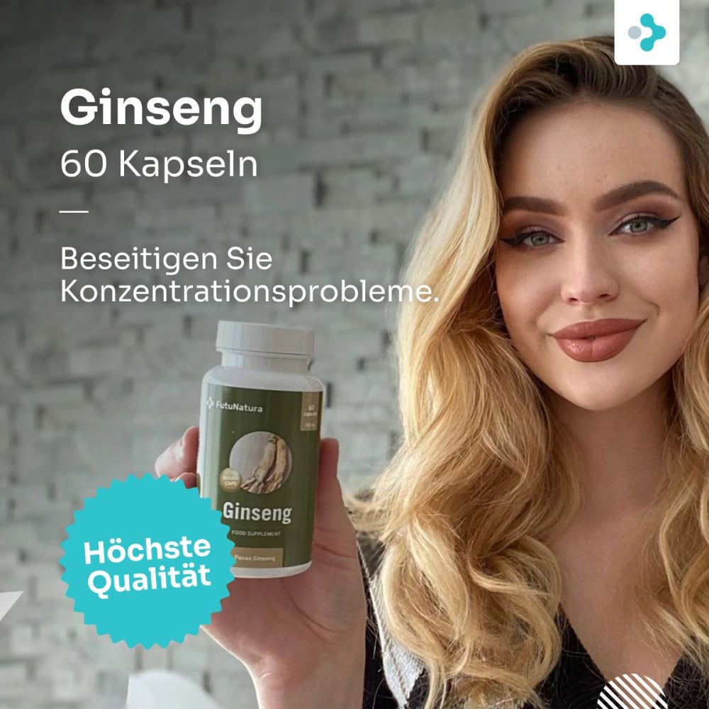 Eine Frau hält eine Flasche Ginseng. Aufschrift: FutuNatura, Ginseng, 60 Kapseln. Ein Qualitätssiegel ist sichtbar.