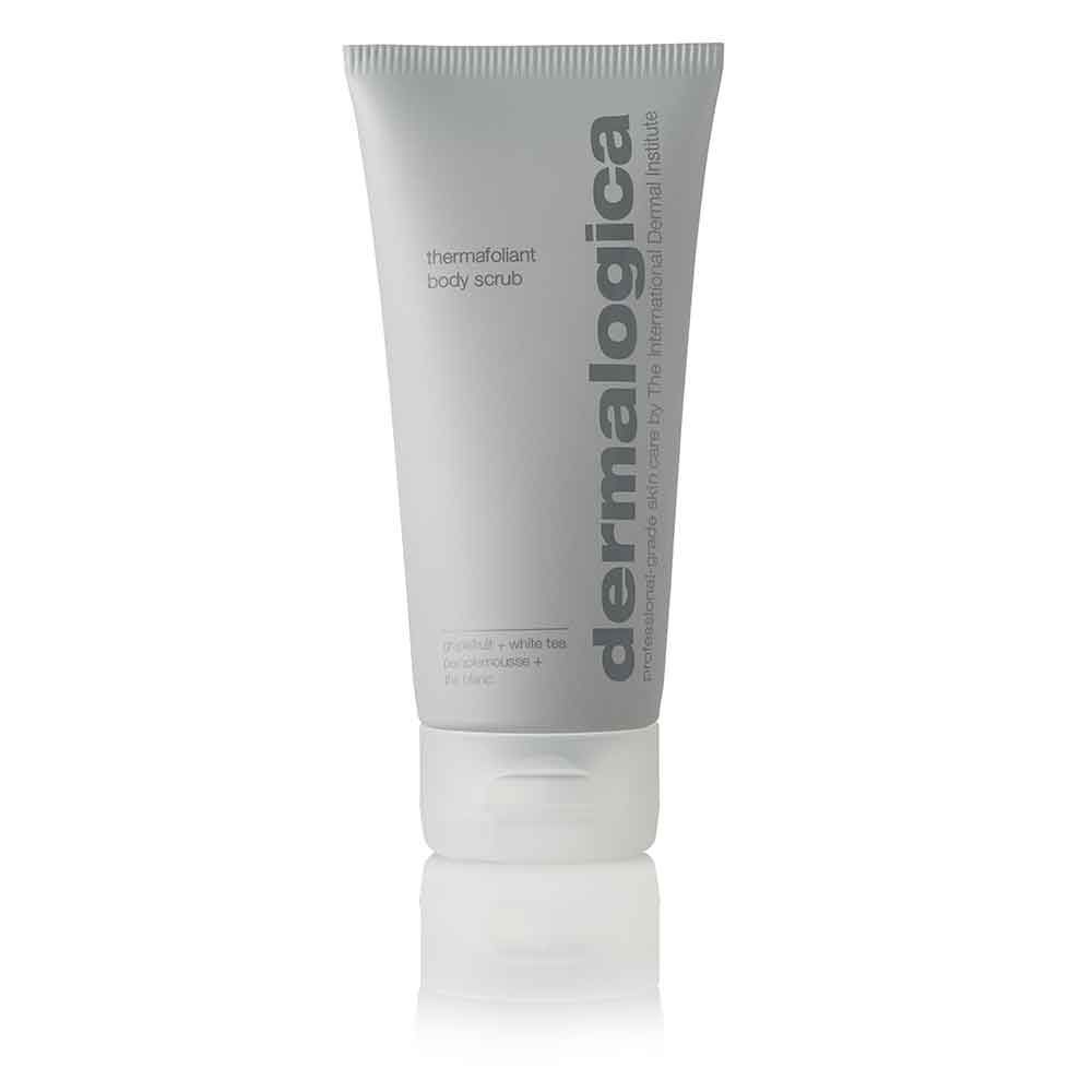 Graue Tube mit Produktaufschrift. Schriftzug: dermalogica, Thermofoliant Body Scrub. Weißer Deckel.
