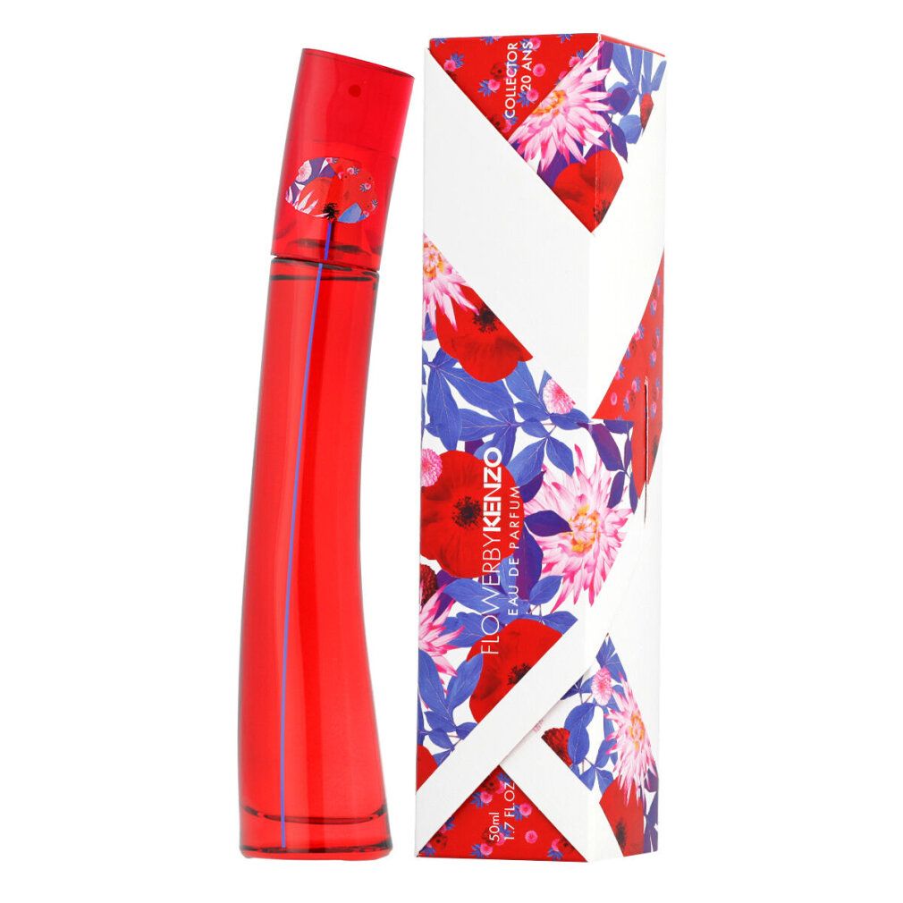 Roter Flakon und Verpackung. Verpackung mit Blumenmuster und Schriftzug 'Flower by Kenzo'. Flakon mit roter Kappe und blauer Linie.