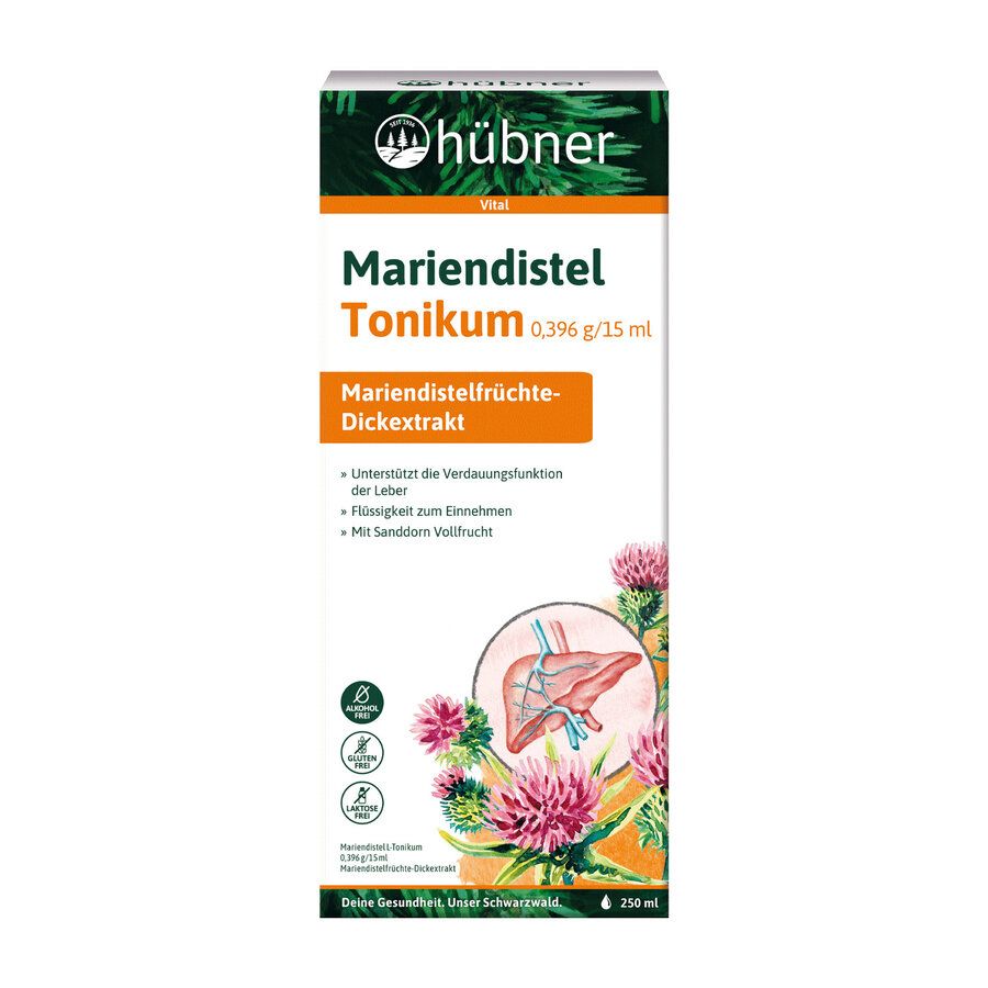 Verpackung mit Produktnamen Mariendistel Tonikum. Orangefarbene Schrift auf weißem Hintergrund. Illustrationen von Pflanzen.