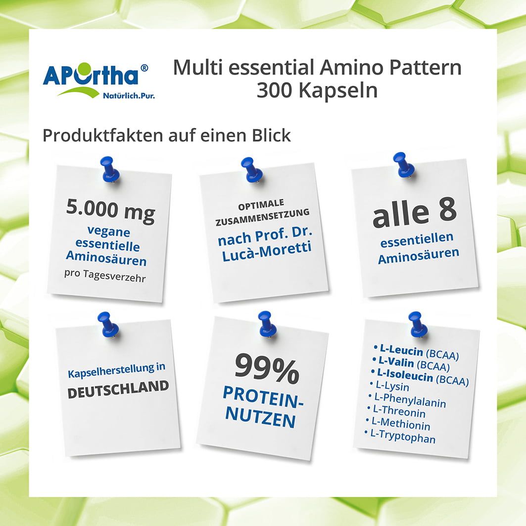 Notizen mit Produktinformationen: 5.000 mg vegane Aminosäuren, optimale Zusammensetzung, alle 8 essentiellen Aminosäuren, Kapselherstellung in Deutschland, 99% Protein-Nutzen.