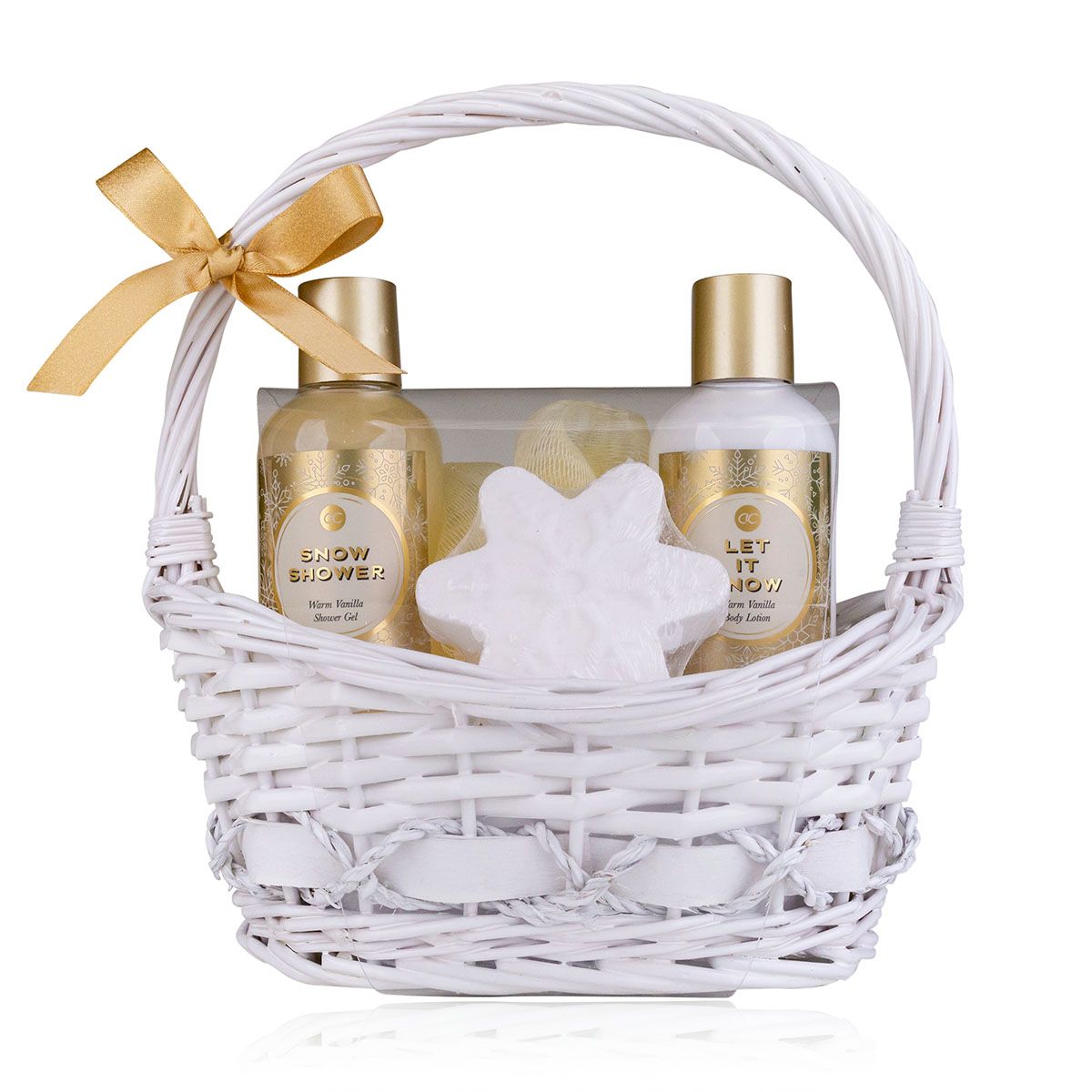 Weißer Korb mit goldener Schleife. Enthält Duschgel, Bodylotion, Seife und Badezubehör. Goldene Akzente.