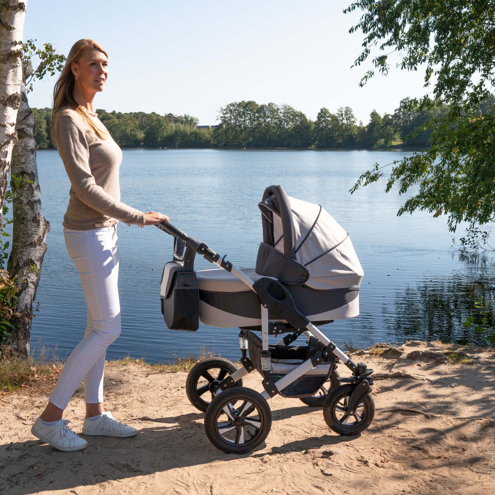 Friedrich Hugo Hamburg 4 in 1 Kinderwagen Set inkl. Maxi Cosi & FamilyFix Station, Luft White & Grey