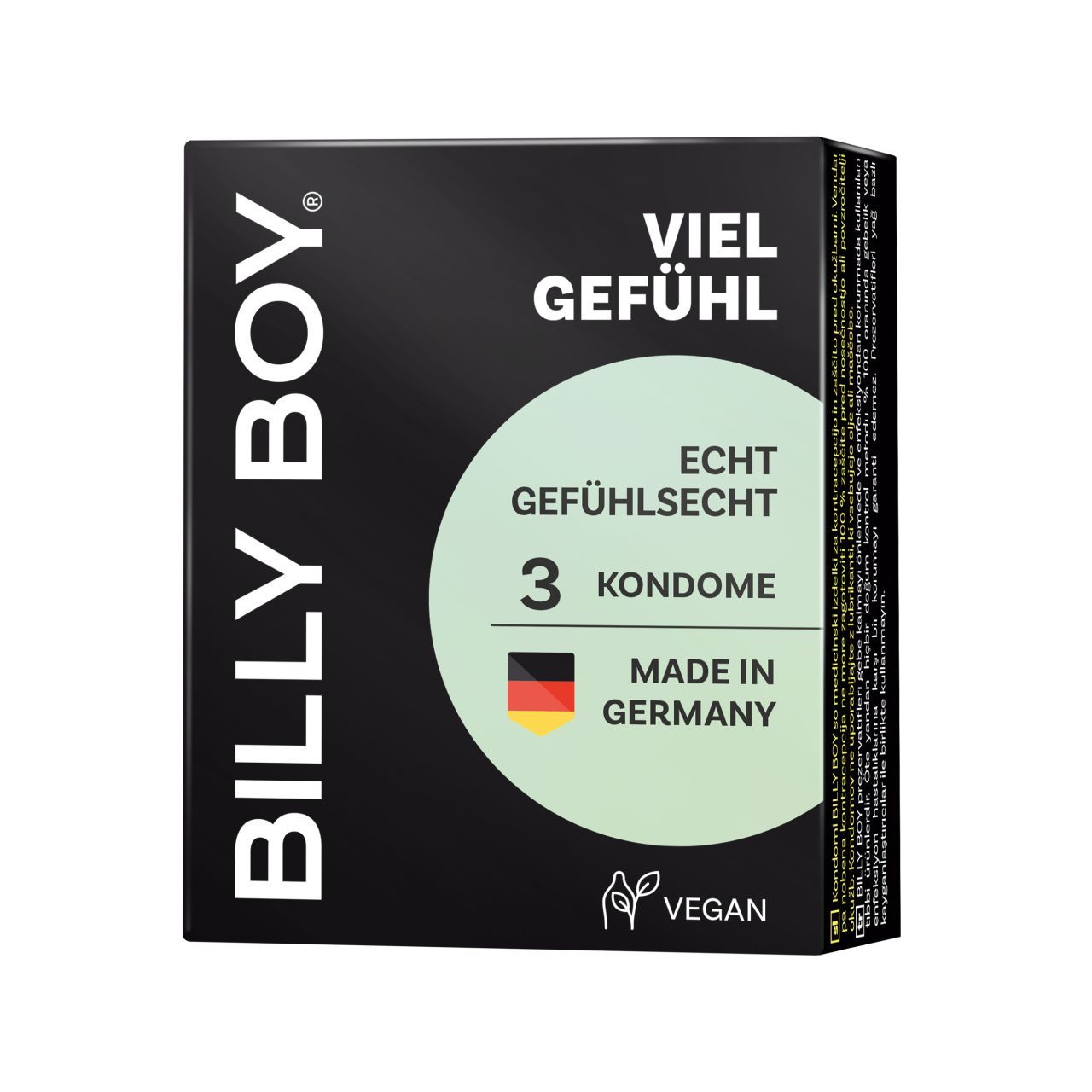 Packung BILLY BOY Kondome VIEL GEFÜHL, 3 Stück, Made in Germany, Vegan.