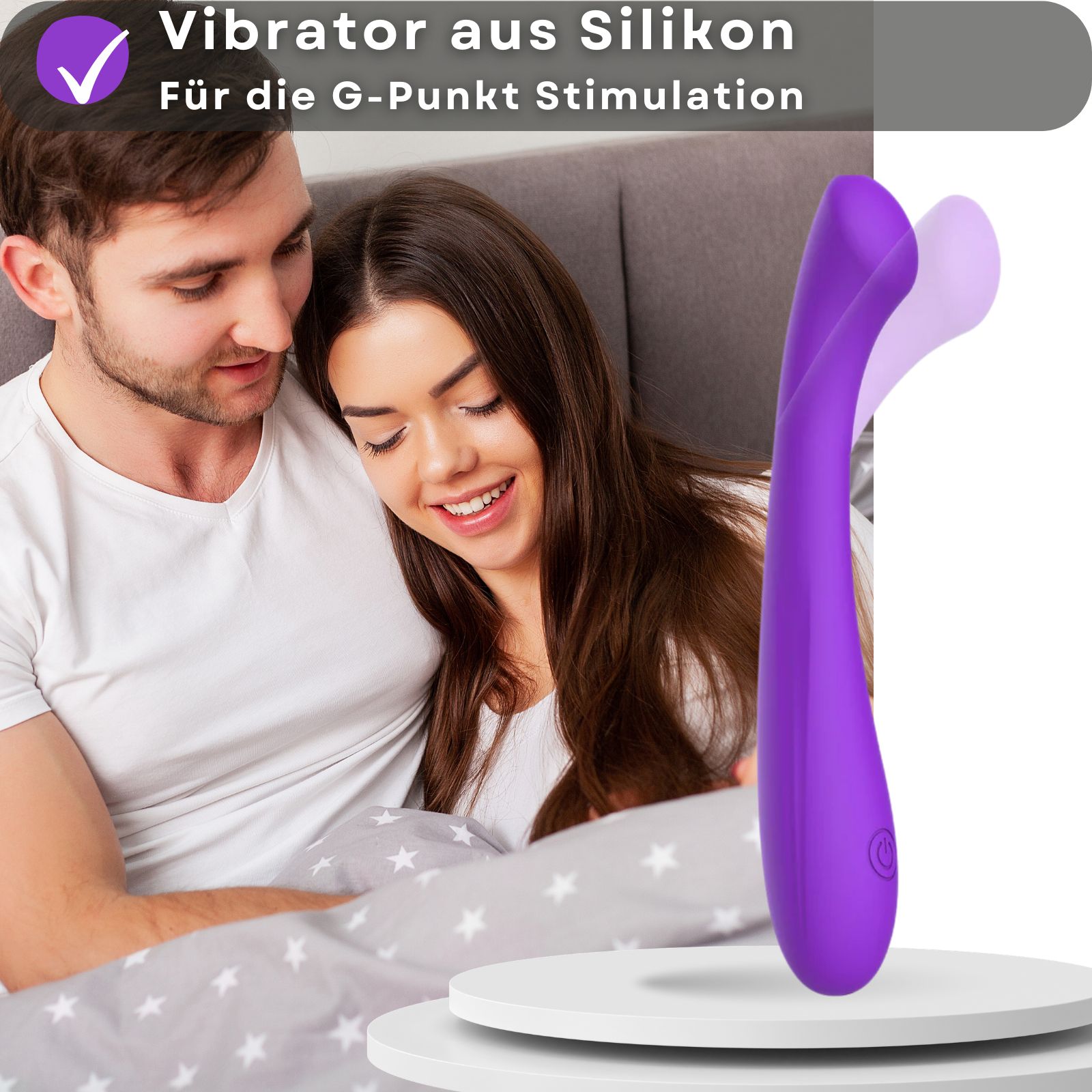 Vibrator aus Silikon. Für G-Punkt-Stimulation. Paar im Hintergrund.