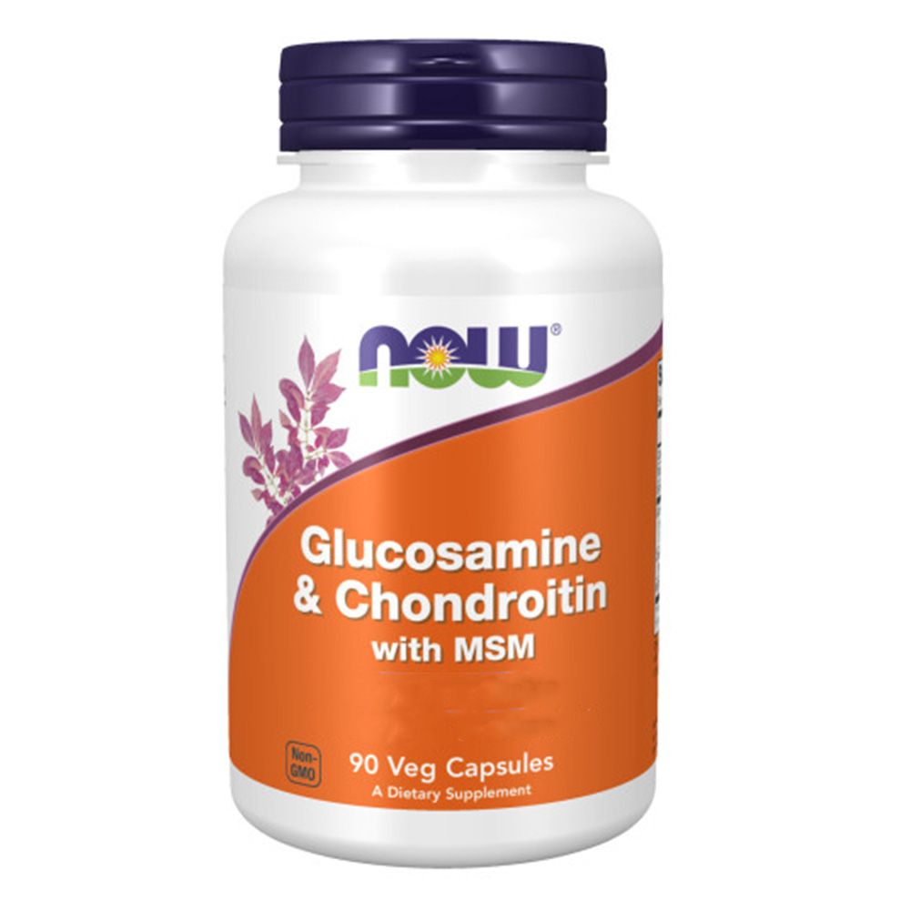 Weiße Flasche mit blauem Deckel. Aufschrift: Now, Glucosamine & Chondroitin, 90 Veg Capsules. Orangefarbener Hintergrund.