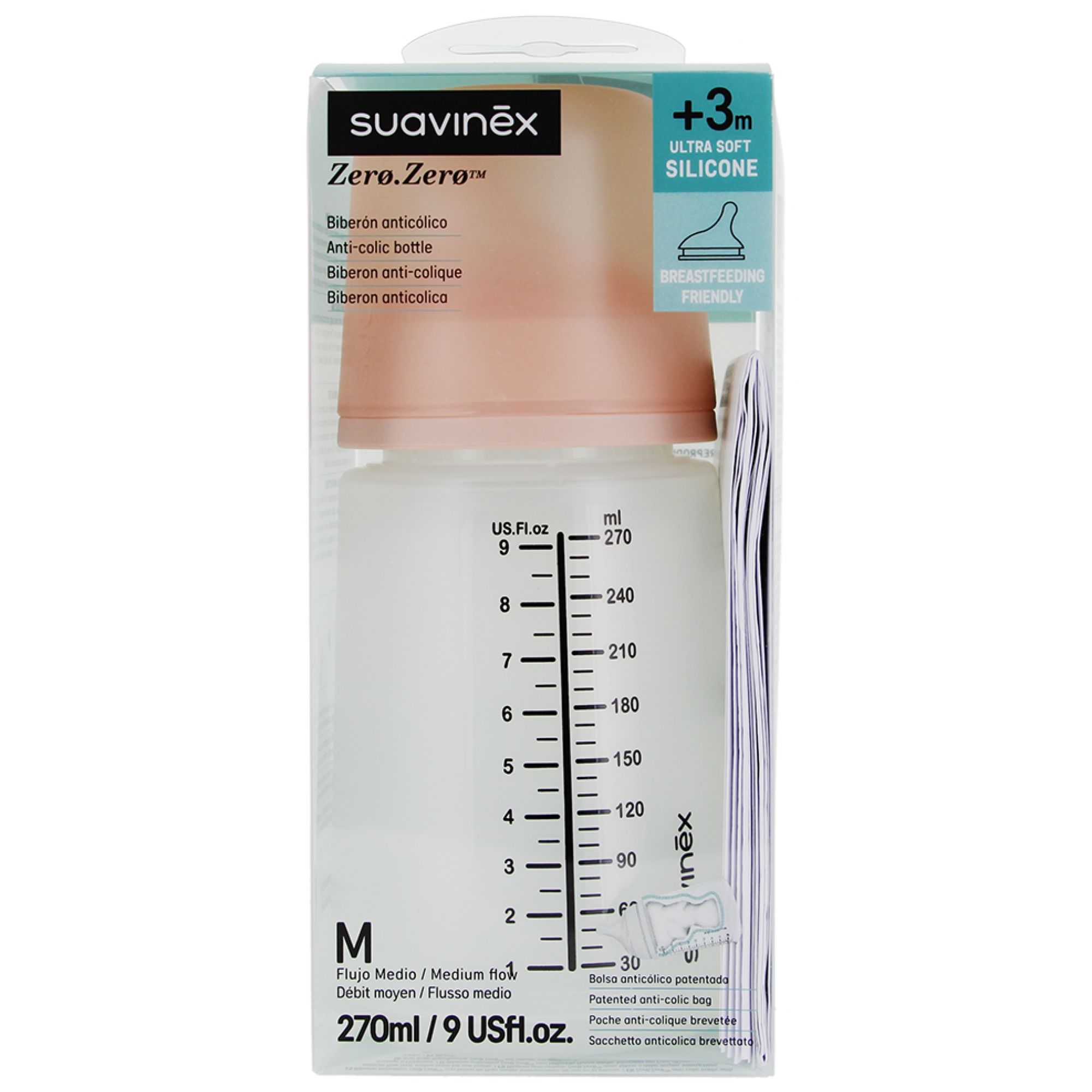 Suavinex Zero.Zero Anti-Kolik Flasche Mittlerer Durchfluss 3 Monate und + 7,8x7,9x17,2 cm