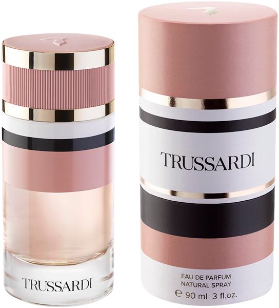 Parfümflakon und Verpackung. Flakon mit rosa, weißen und schwarzen Streifen. Verpackung mit Trussardi-Logo.