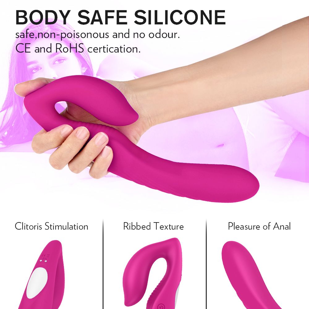 Pinkfarbener Vibrator in einer Hand. Text zeigt: Körpersicheres Silikon, CE- und RoHS-Zertifizierung.
