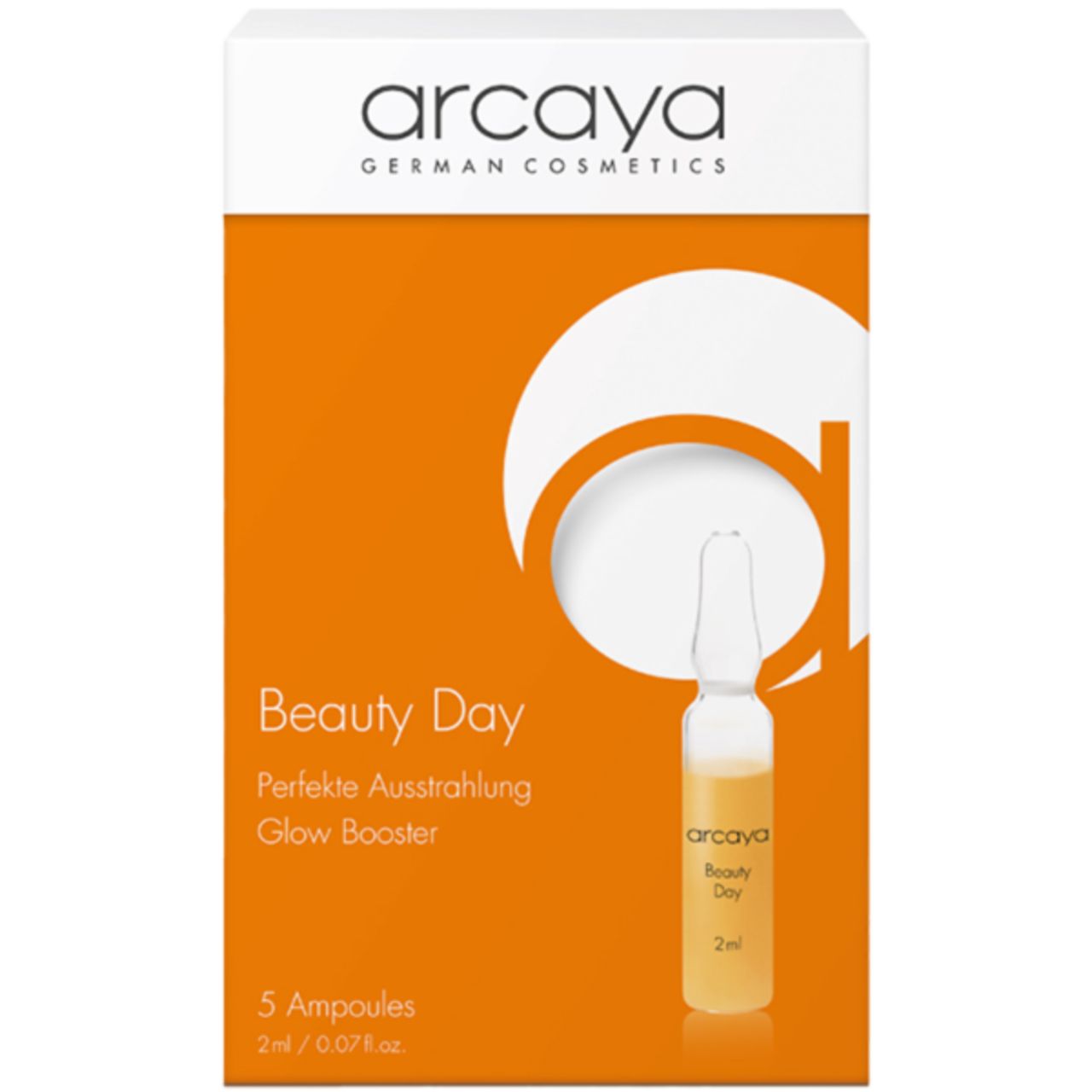 Verpackung mit Ampullen. Aufschrift: arcaya, Beauty Day, 5 Ampullen. Eine Ampulle ist sichtbar.