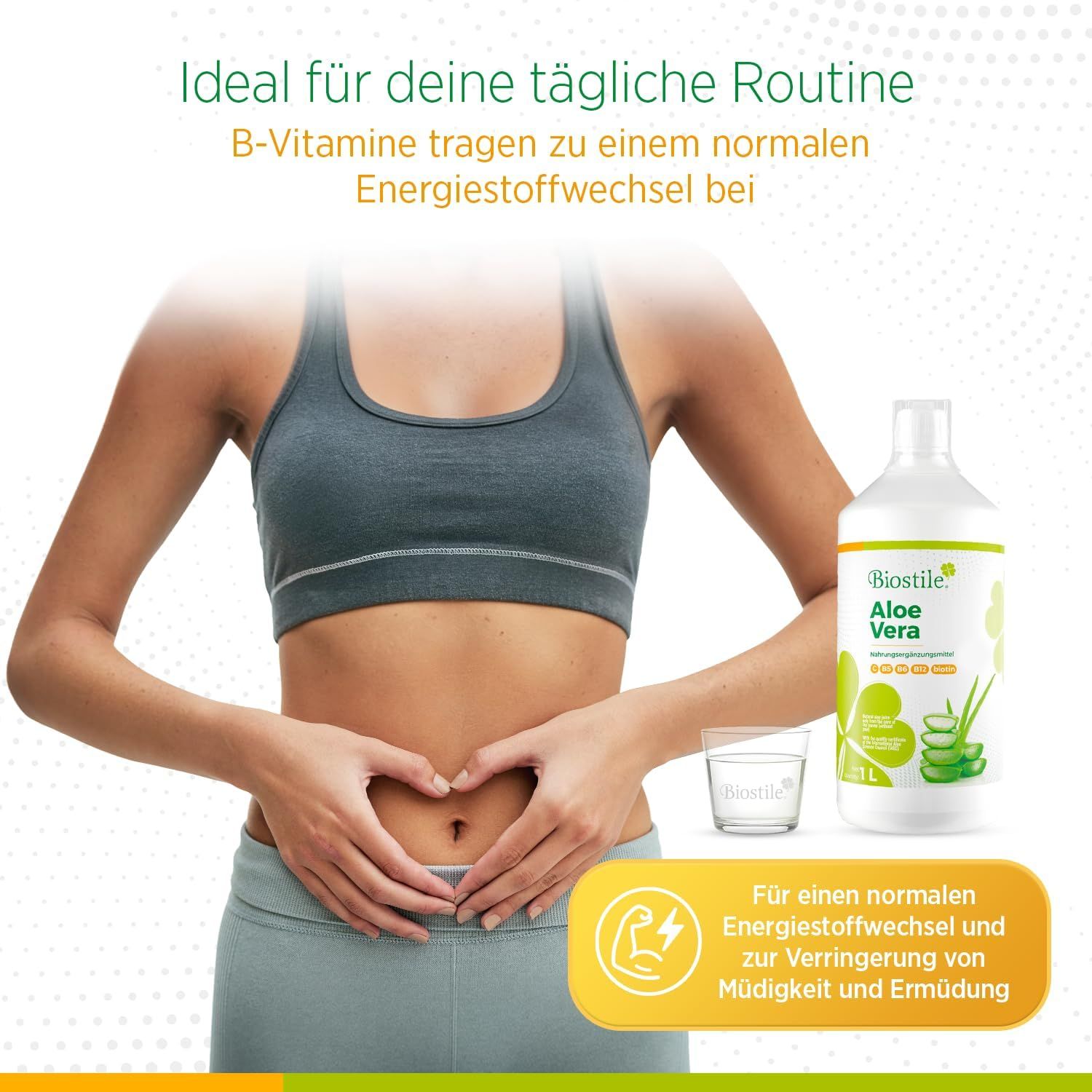 Biostile Aloe Vera Saftflasche, 1 Liter, mit Aloe-Vera-Blättern