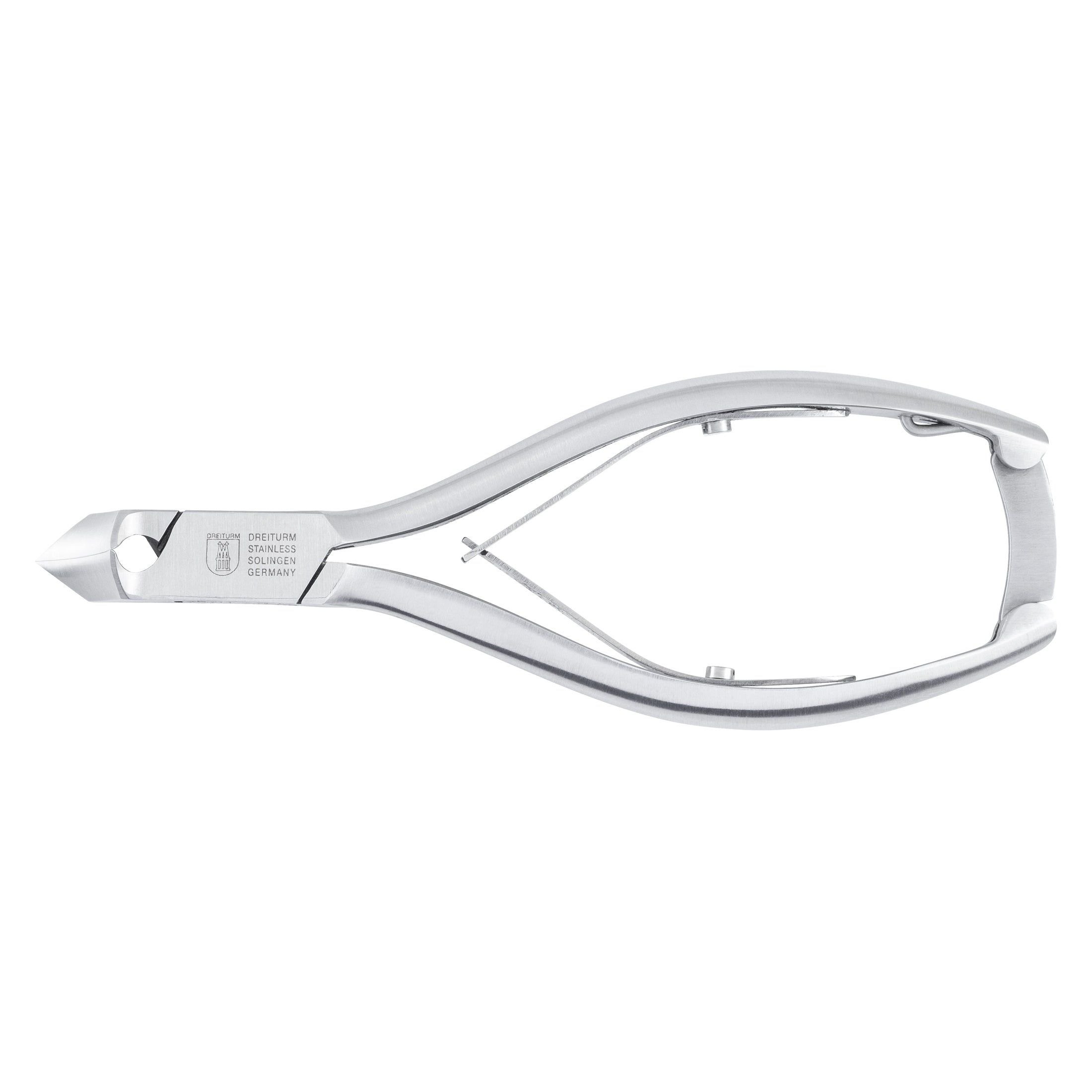 Nagelzange aus Metall. Mit gebogener Form und scharfen Schneiden. Herstellerlogo und Schriftzug sichtbar.