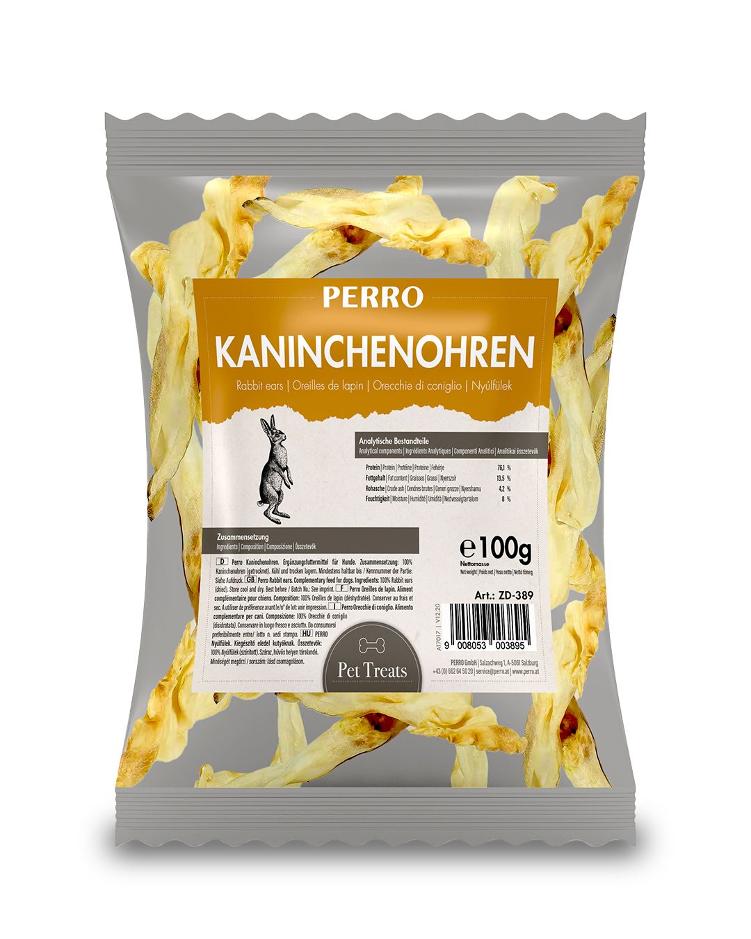 Verpackung mit getrockneten Kaninchenohren. Aufdruck: PERRO, Kaninchenohren, e100g. Abbildung eines Hasen. Graue Verpackung.