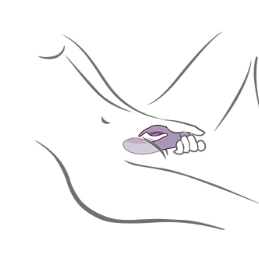 Skizze eines Körpers mit einem lila Vibrator, der in der Nähe der Klitoris platziert ist. Hasenohren-Design.