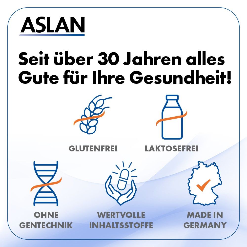 Grafik mit Symbolen: glutenfrei, laktosefrei, ohne Gentechnik, wertvolle Inhaltsstoffe, Made in Germany. Marke ASLAN.