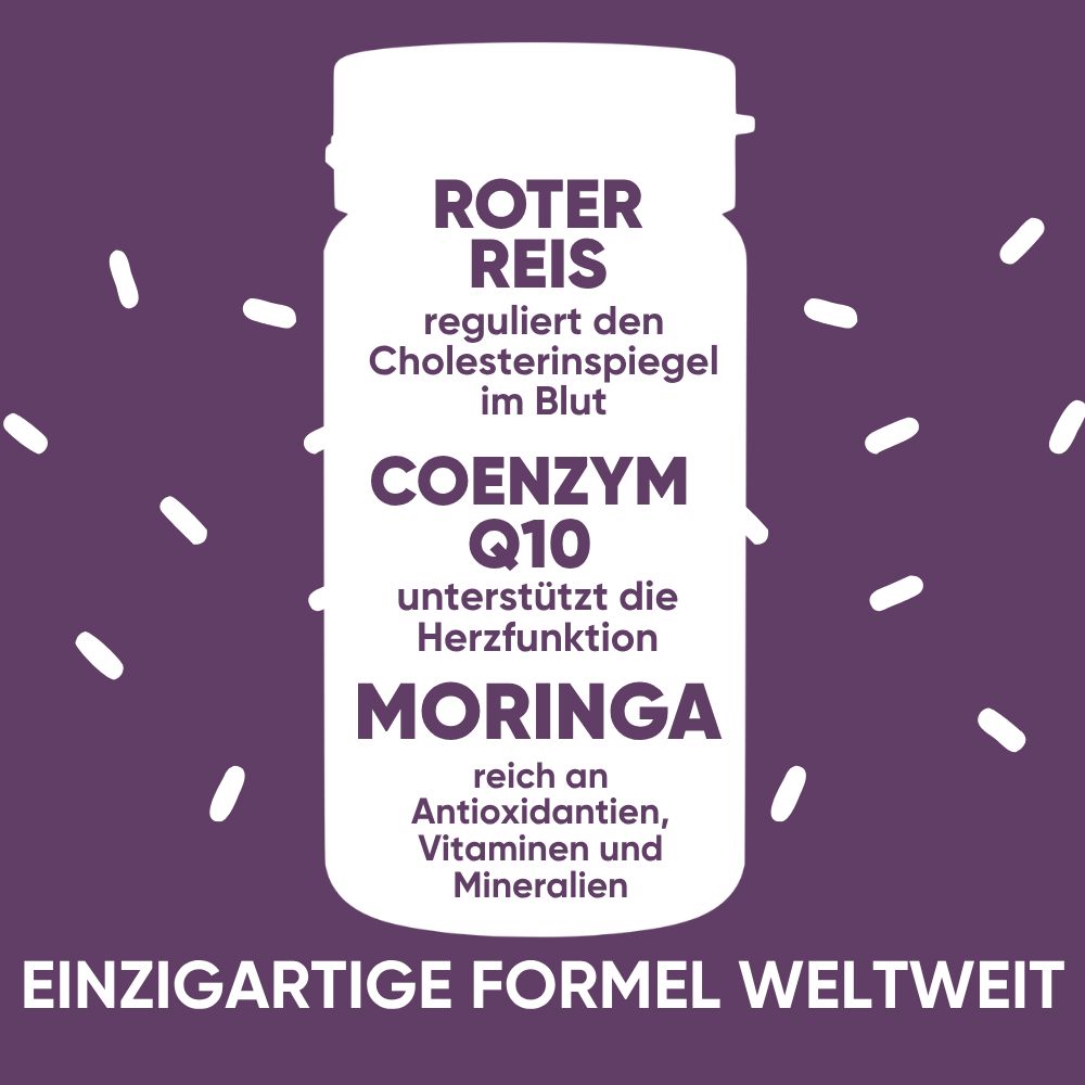 Flaschen mit Kapseln. Roter Reis, Coenzym Q10, Moringa für Cholesterin.