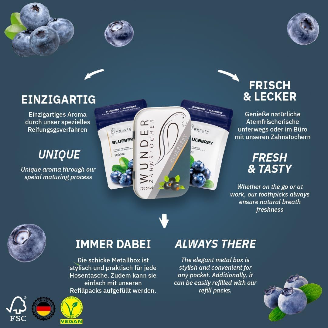 Metallbox und Nachfüllpackungen mit Zahnstochern. Blaubeeren-Illustrationen. FSC, Vegan-Siegel.
