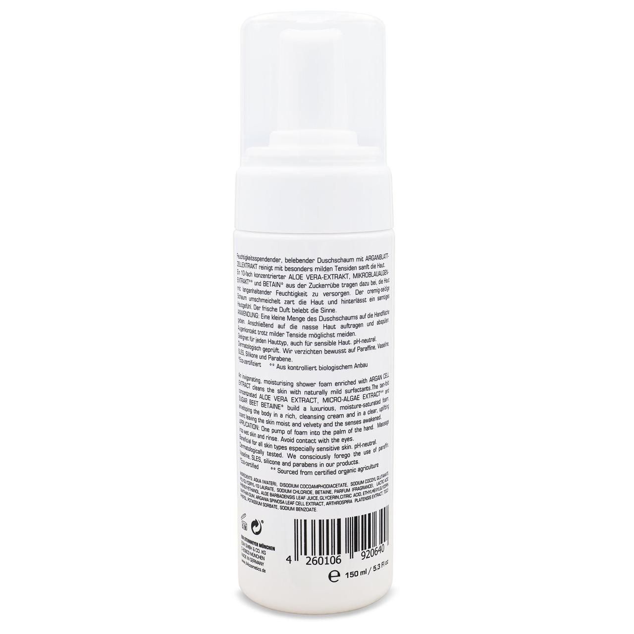 Weiße Flasche mit Text. Barcode und Produktinformationen. Transparenter Deckel. A4 Cosmetics Body Delight Duschmousse.