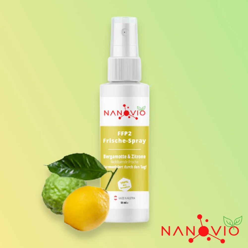 Spray blanc avec logo rouge, étiquette jaune, bergamote et citron. Texte: FFP2 Frische-Spray, Bergamote & Zitrone, 100% naturel.