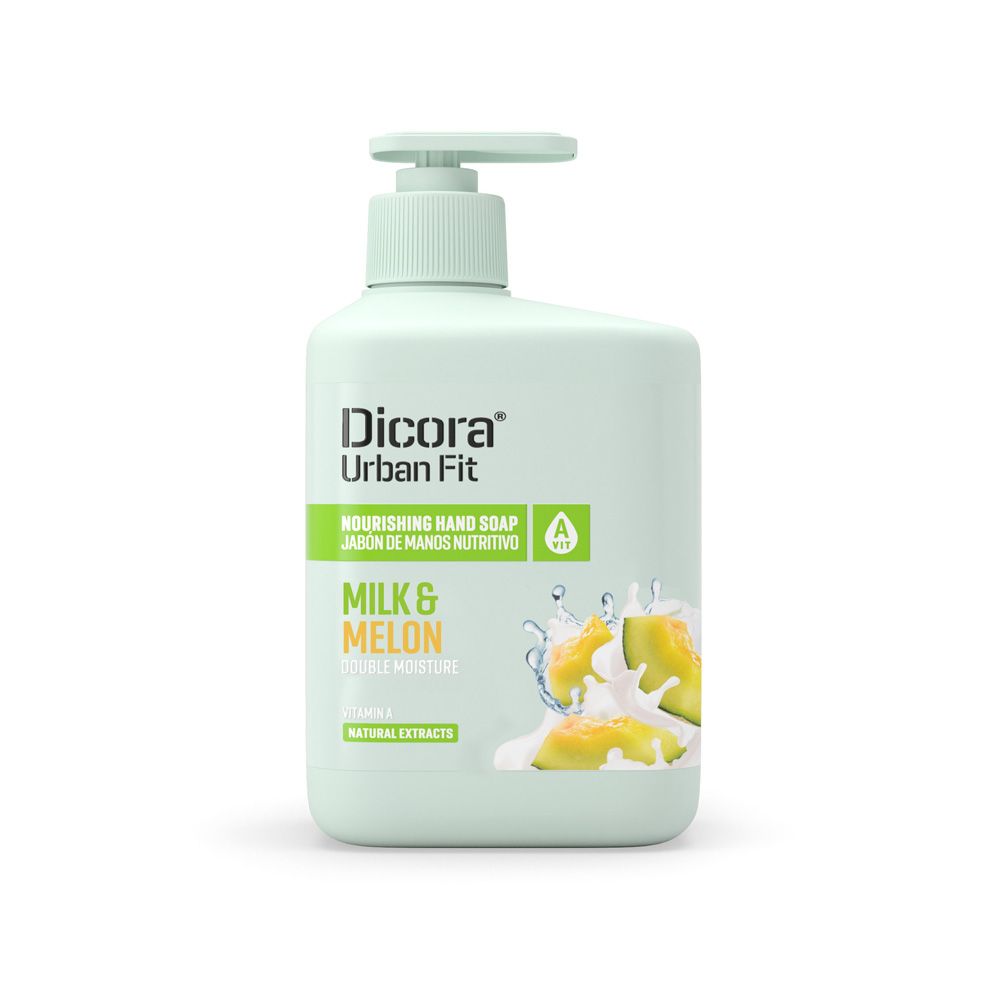 Hellgrüne Handseife mit Spender. Aufschrift: Dicora Urban Fit, Milk & Melon, Natural Extracts. Mit Melonendarstellung.