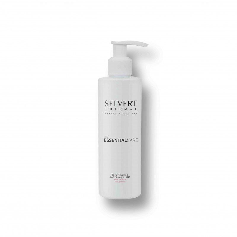 Weiße Flasche mit Pumpe. Aufschrift: Selvert Thermal, The Essential Care. Produktbezeichnung: Reinigungsmilch mit Jasmin.