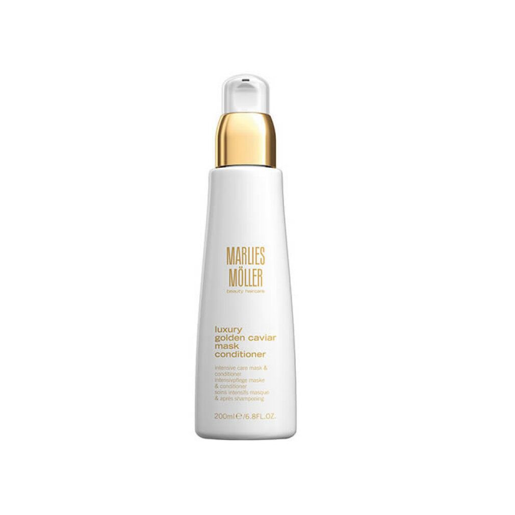 Weiße Flasche mit goldenem Verschluss. Aufschrift: Marlies Möller, Luxury Golden Caviar Mask Conditioner. 200ml/6.8FL.OZ.