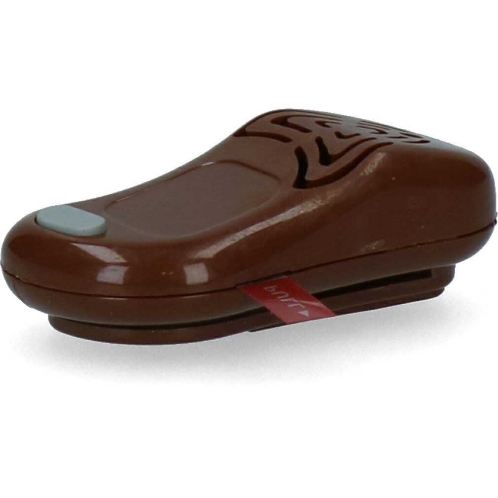 Braunes Gerät mit grauem Knopf und rotem Zugband.  Gerät mit Loch.  'TICKLESS' Text.