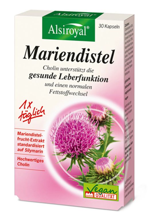 Alsiroyal Mariendistel Packung. Enthält 30 Kapseln. Mit Mariendistel-Extrakt, Cholin und Vegan-Qualitätssiegel.