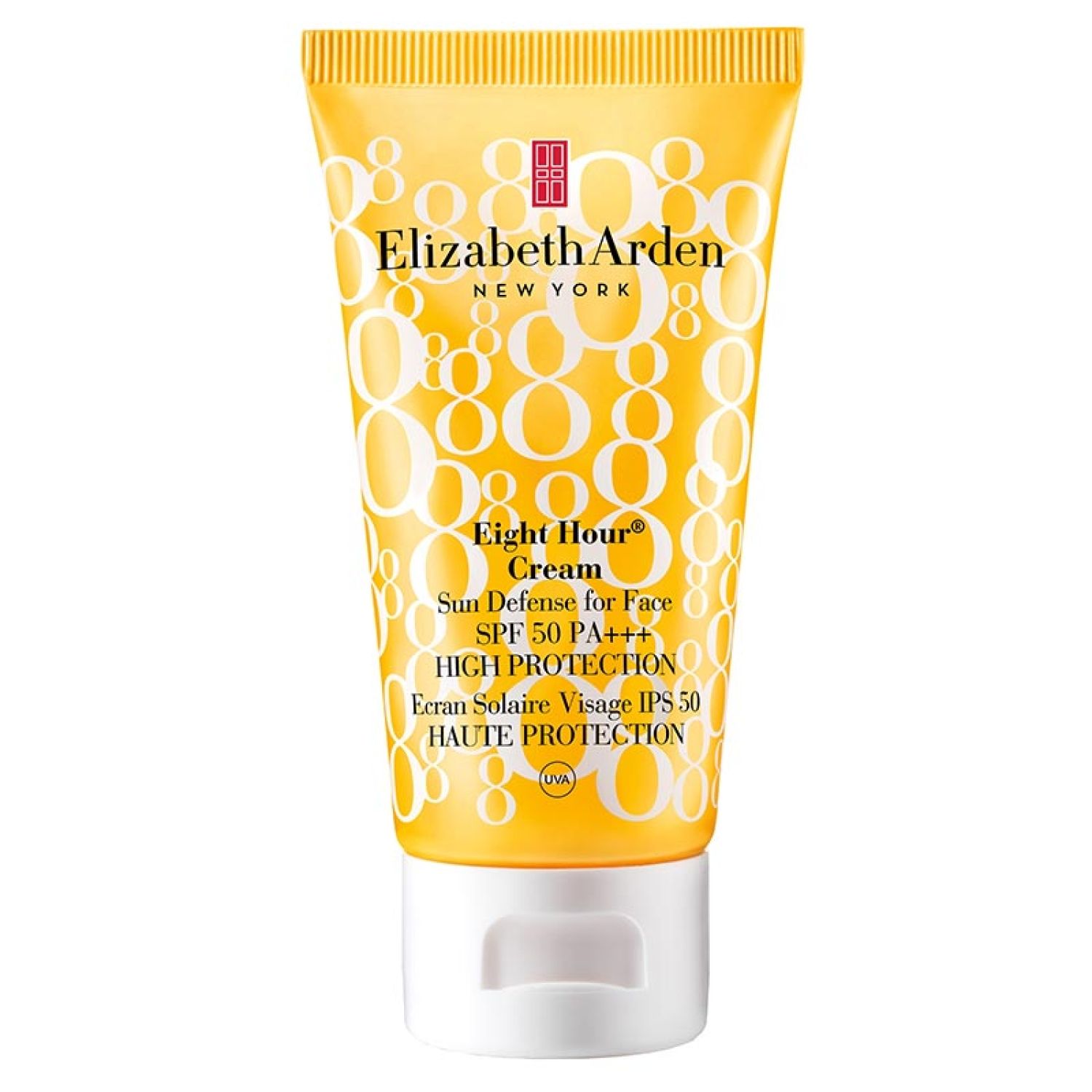 Gelbe Tube mit weißer Schrift. Produktname: Eight Hour Cream. Text: Sun Defense for Face SPF 50 PA+++. Hoher Sonnenschutz.