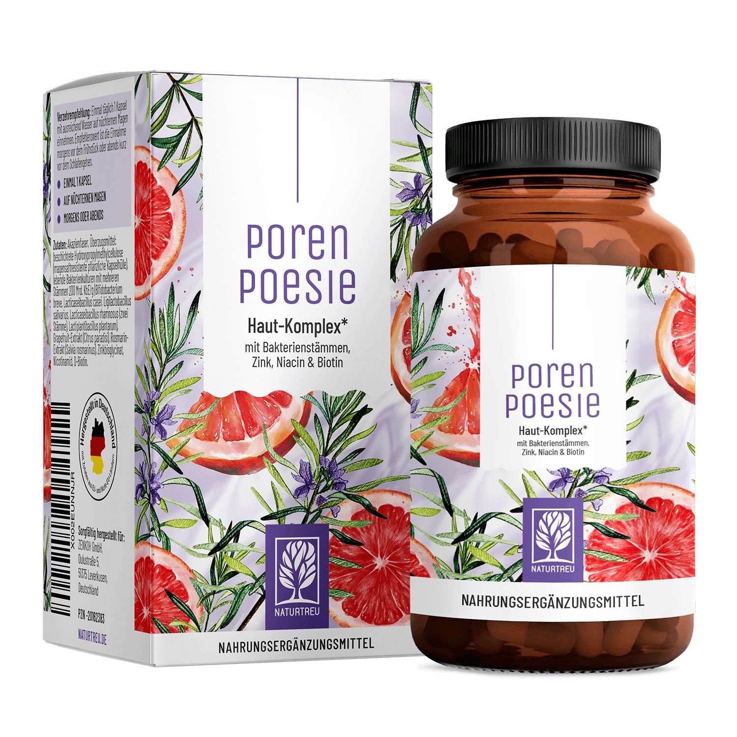 Porenpoesie Haut-Komplex Nahrungsergänzungsmittel in Braunglasflasche und Faltschachtel mit Grapefruit-Motiv.