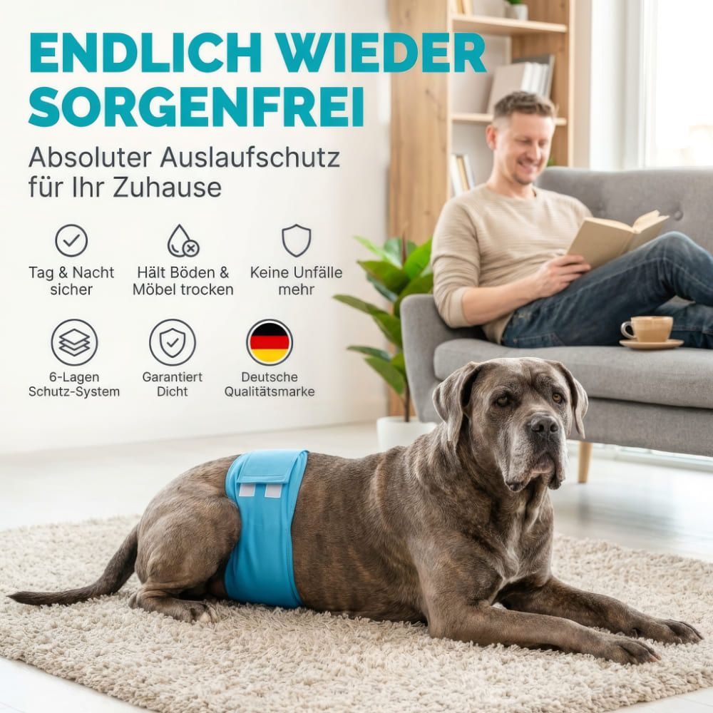 Ein Hund liegt auf einem Teppich und trägt eine blaue Windel. Text: Endlich wieder sorgenfrei. Deutsche Qualitätsmarke.