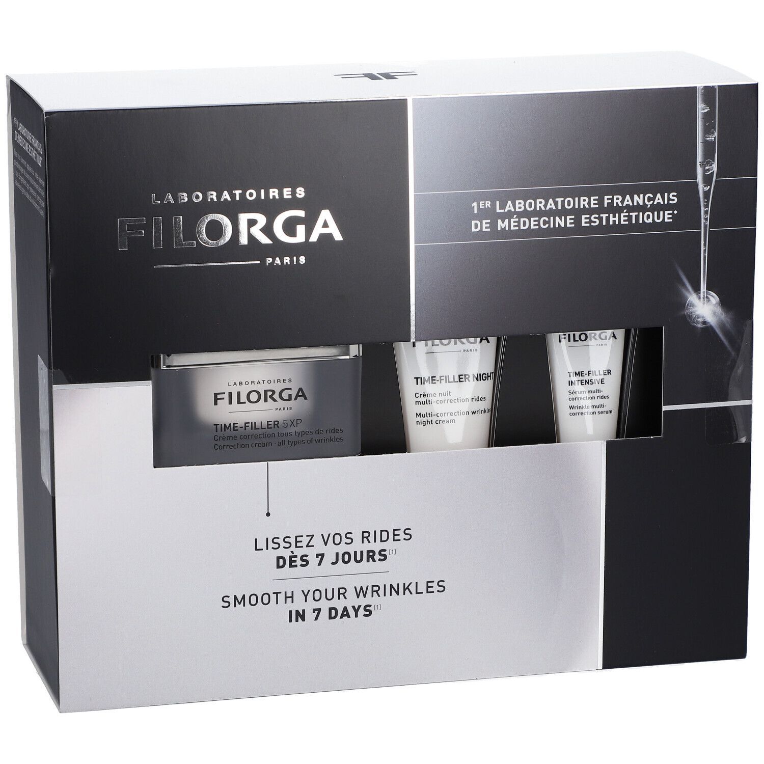 Coffret cosmétique avec pot et tubes. Design noir et blanc. Texte : "Lissez vos rides dès 7 jours" et "Smooth your wrinkles in 7 days".
