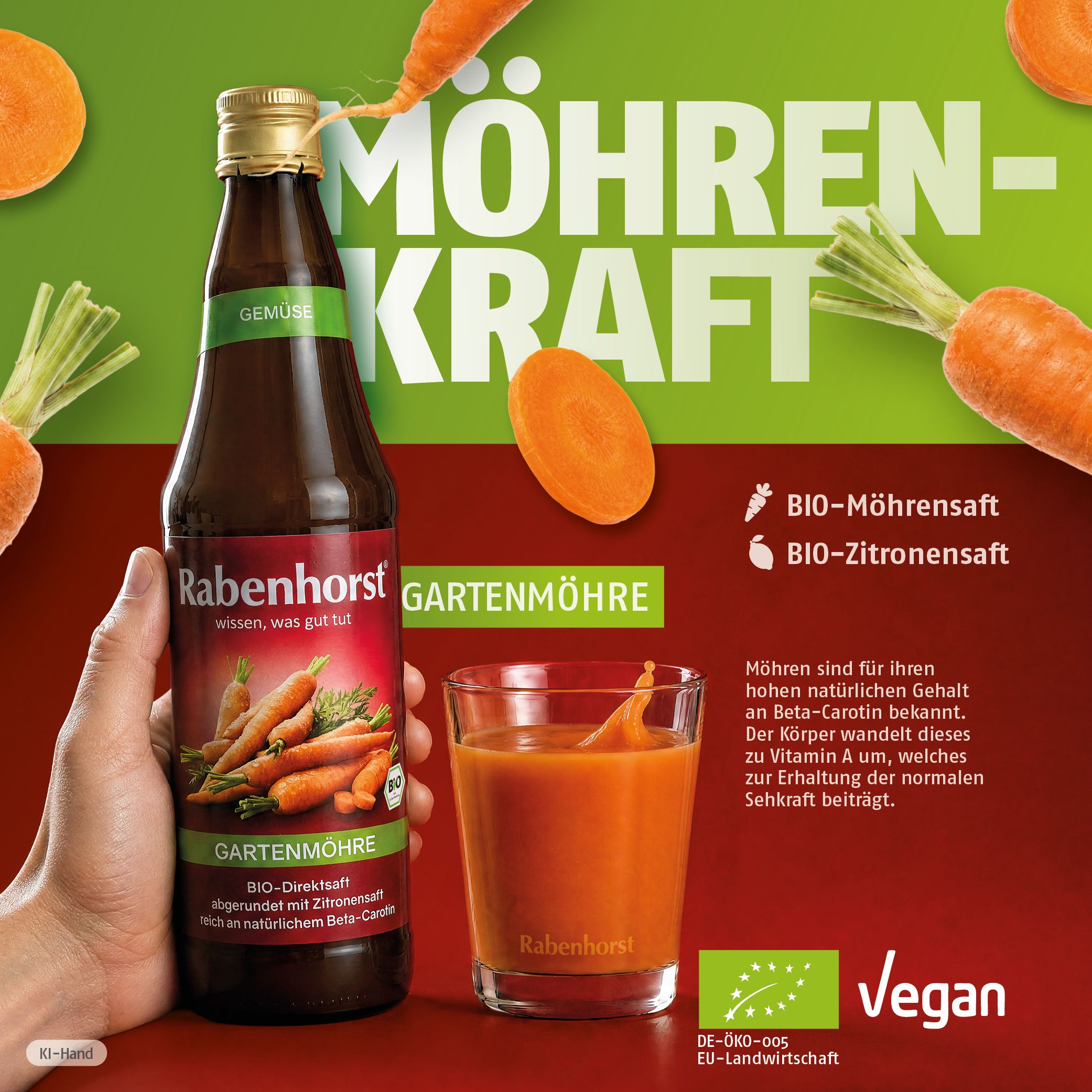 Rabenhorst Gartenmöhre BIO Saft in Flasche und Glas, mit ganzen und geschnittenen Karotten.