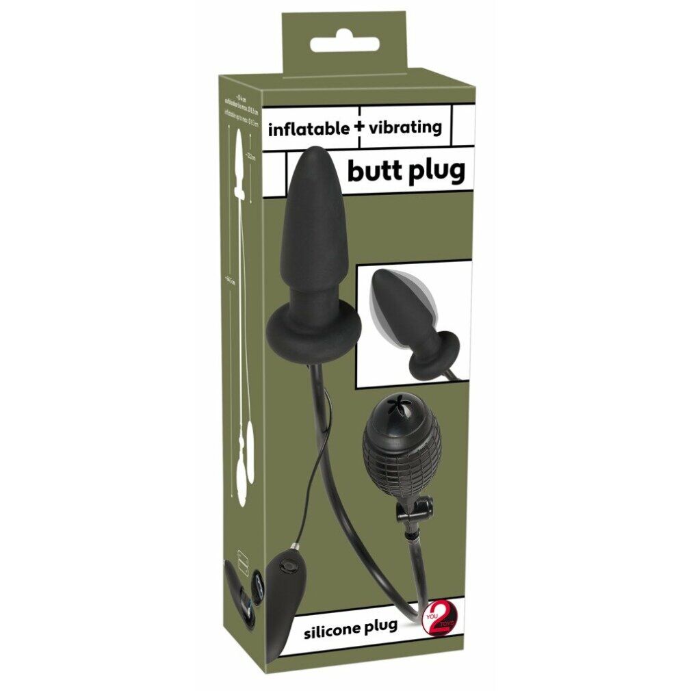 Schwarzer, kegelförmiger Silikon-Butt-Plug mit Aufblasvorrichtung und Fernbedienung, verpackt in einer Box. Text: Inflatable + vibrating butt plug.