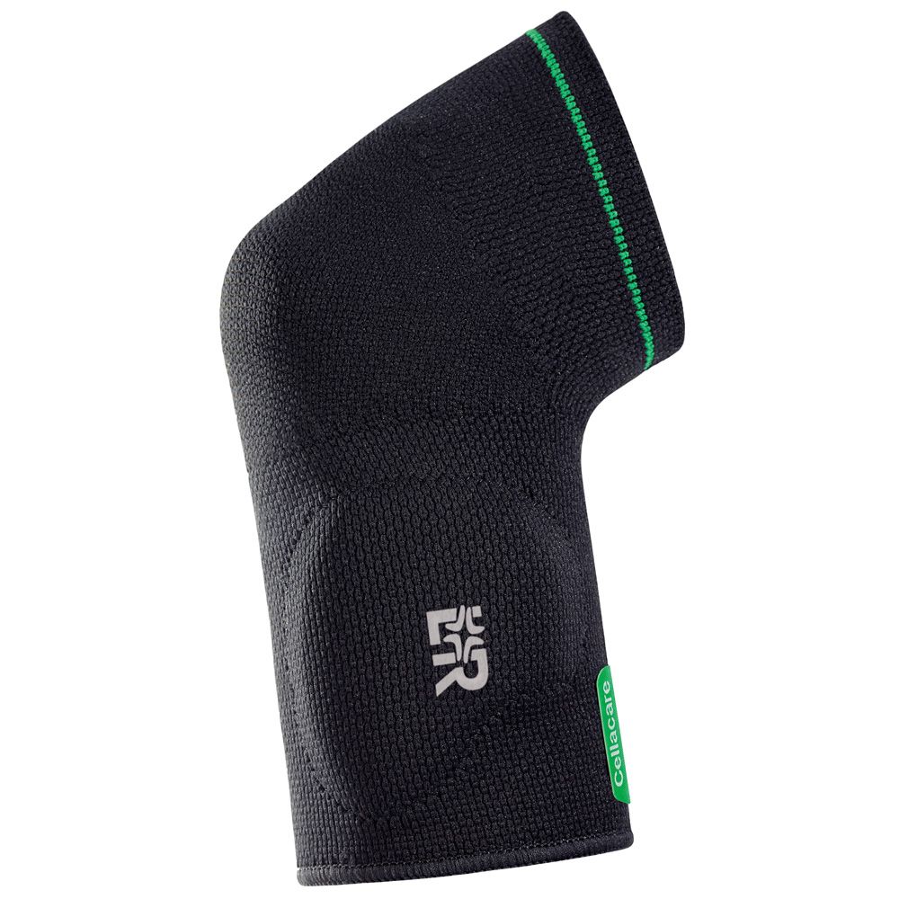 Schwarze Kniebandage mit grünen Akzenten und Logo.