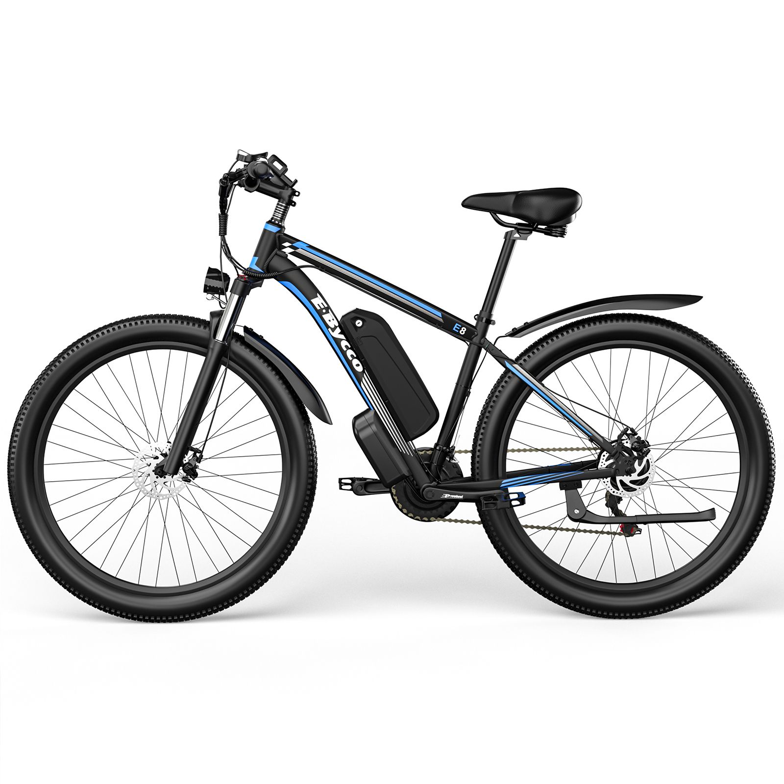 E-Bike mit schwarzem Rahmen, blauen Akzenten und Schutzblech. E·Bycco Logo. Schwarze Batterie.