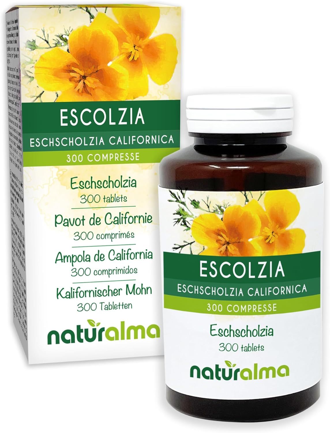 Produktverpackung und Flasche mit Tabletten. Aufschrift: Escolzia, 300 Tabletten. Naturalma-Logo.