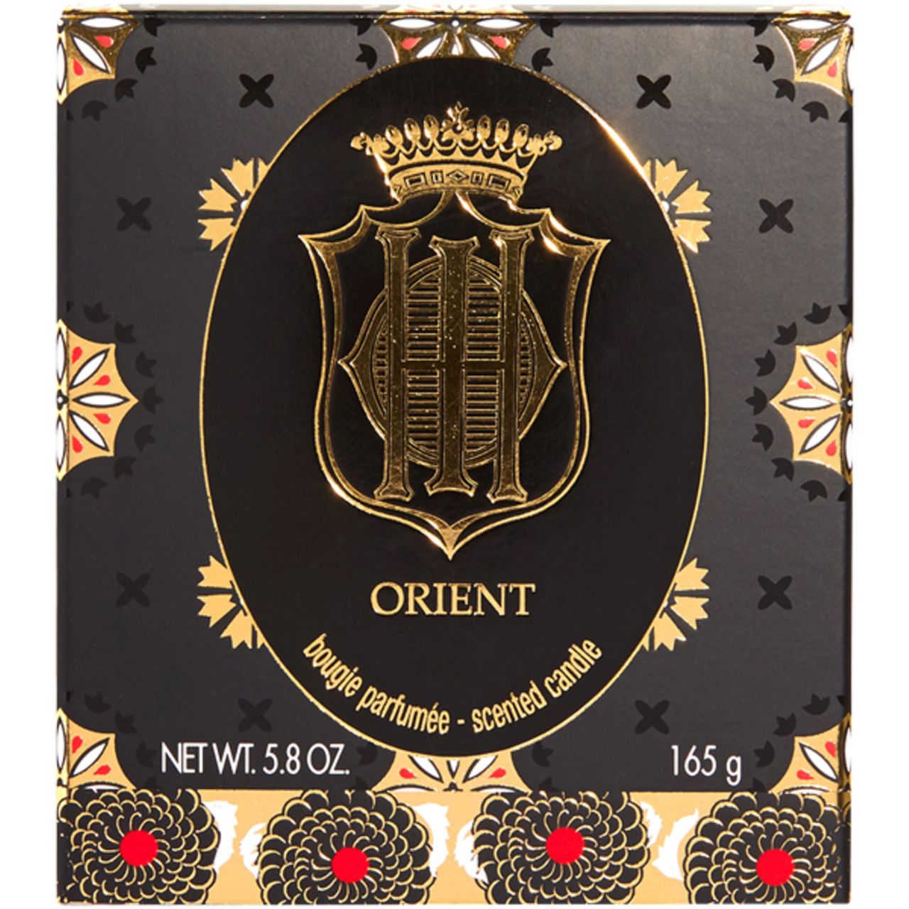 Schwarze Schachtel mit goldenem Logo. Aufschrift: Orient, Bougie parfumée, 165 g.