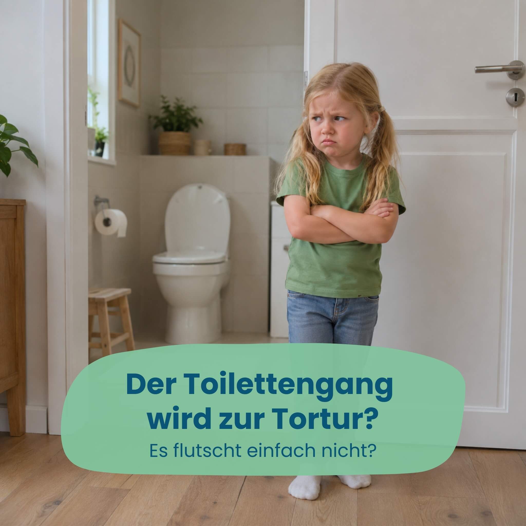 Verärgertes Kind steht vor einer Toilette, Text über Toilettengang.
