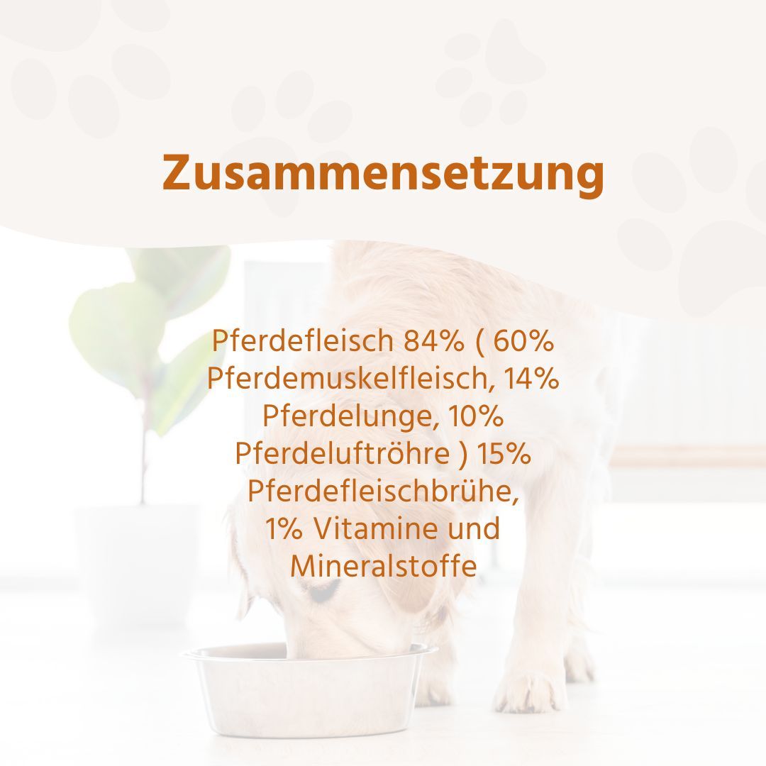 Zusammensetzung Nassfutter: 84% Pferdefleisch, 14% Pferdemuskel, 10% Pferdelunge, 15% Pferdeluftröhre, 1% Vitamine und Mineralstoffe.