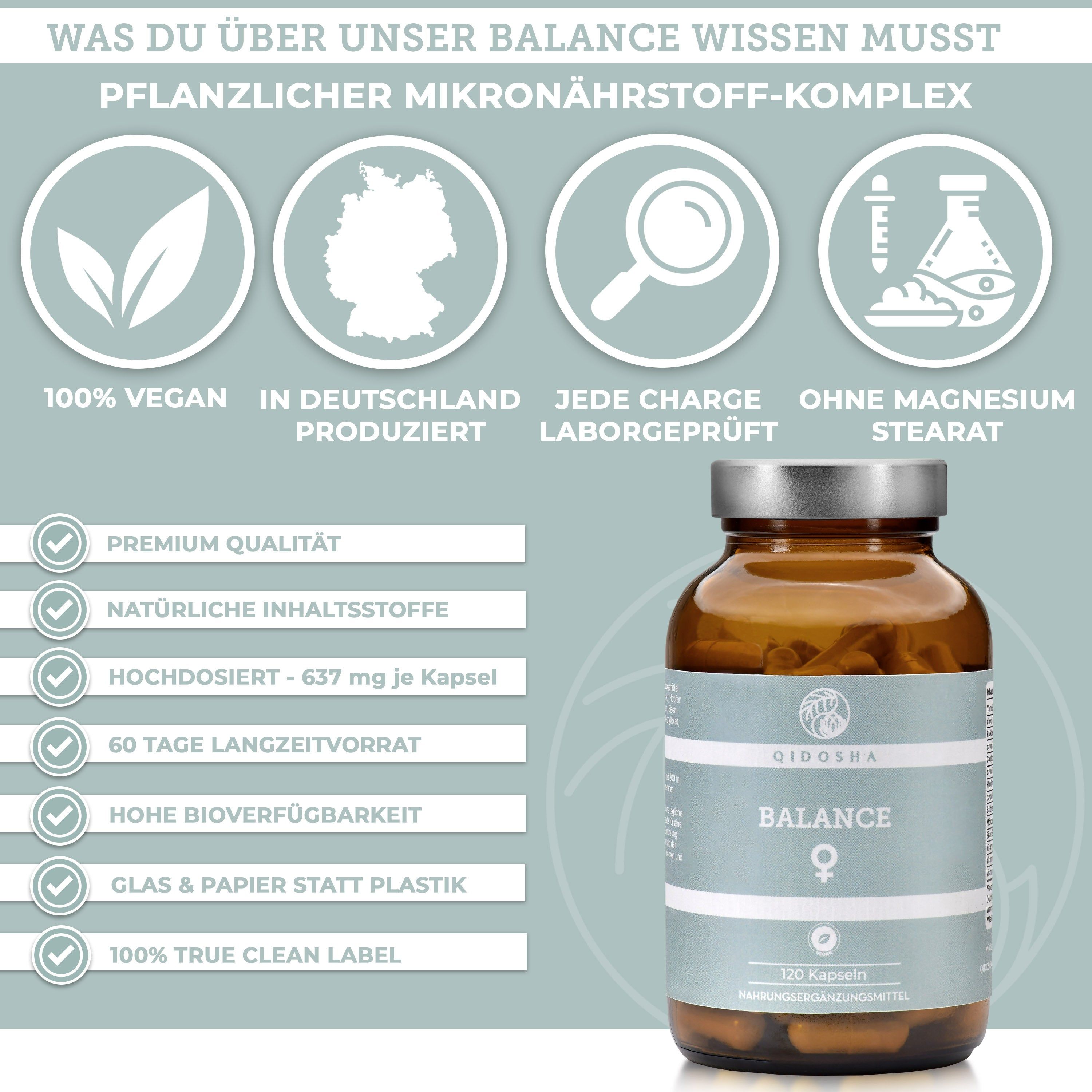 Qidosha Balance, pflanzlicher Mikronährstoff-Komplex, 90 Kapseln, Glasflasche.