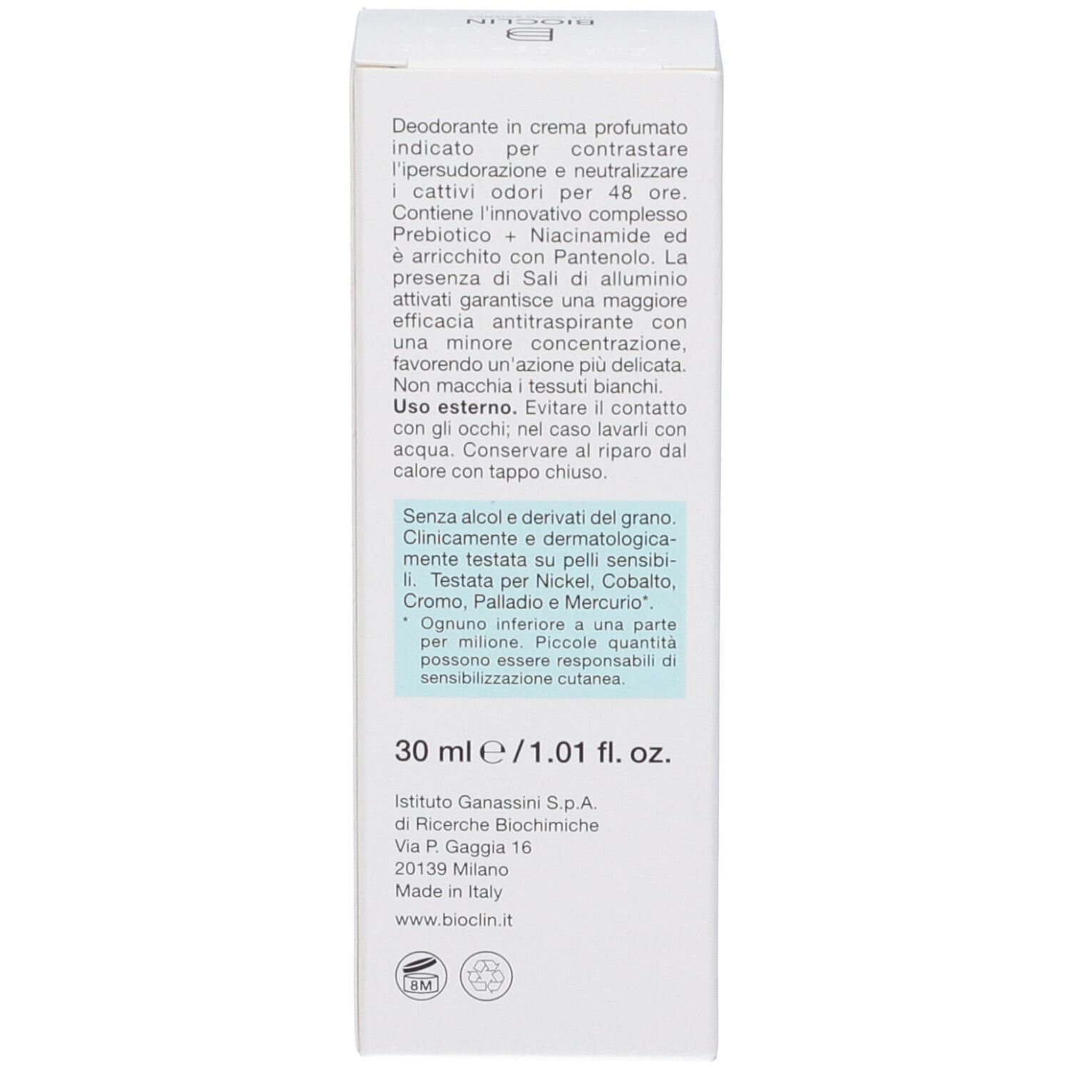 Deodorantcreme-Verpackung mit 30 ml Inhalt. Enthält Prebiotikum, Niacinamid und Panthenol. Getestet auf Nickel, Kobalt, Chrom, Palladium und Quecksilber.