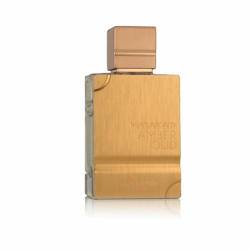 Goldfarbener Flakon mit goldfarbenem Deckel. Aufschrift: HARAMAIN AMBER OUD. Goldfarbene Front mit abgerundeten Ecken.