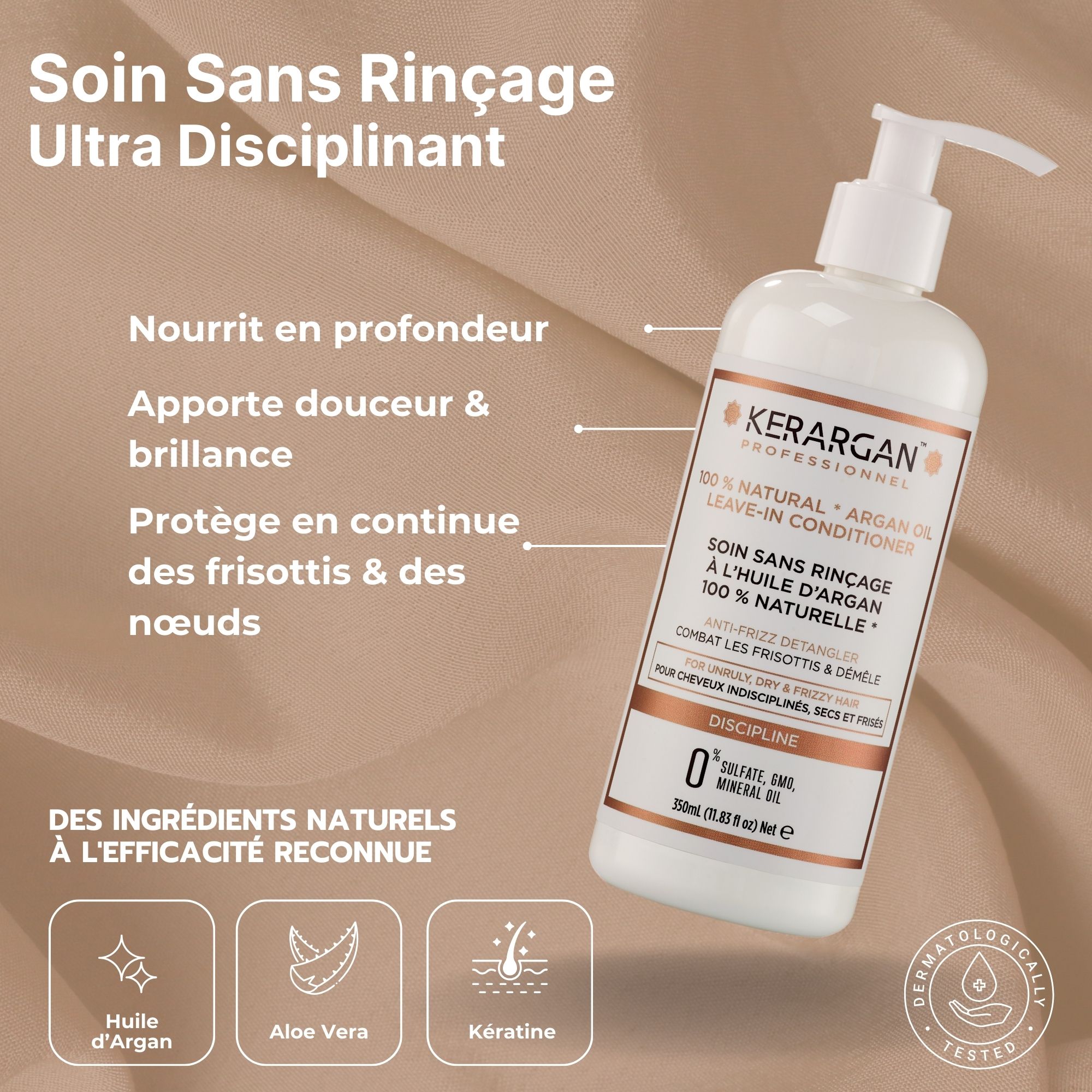 Soin sans rinçage Kerargan. Bouteille blanche avec étiquette marron. Texte : 100% Natural Argan Oil Leave-in Conditioner. Testé dermatologiquement.