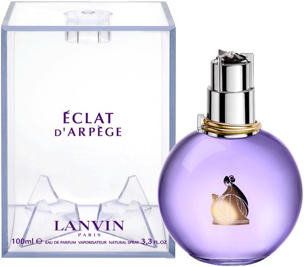 Lanvin Eclat d'Arpege Parfümflasche und transparente Box nebeneinander.
