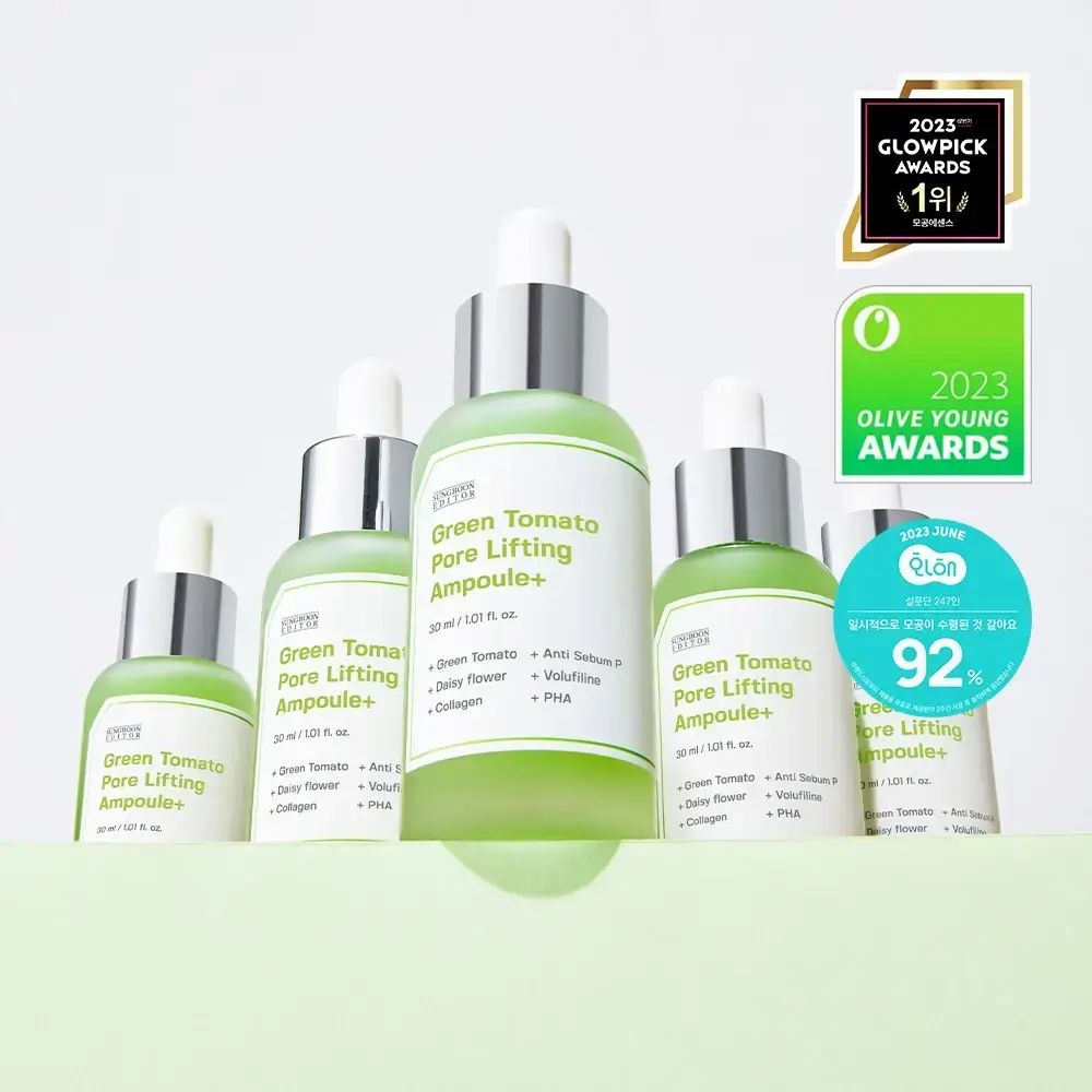 Mehrere grüne Serumfläschchen. Auszeichnungen und Text: Green Tomato Pore Lifting Ampoule+.